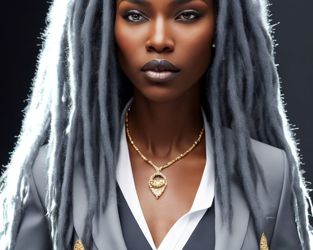 Sophisticated woman with grey dreadlocks and gold jewelry