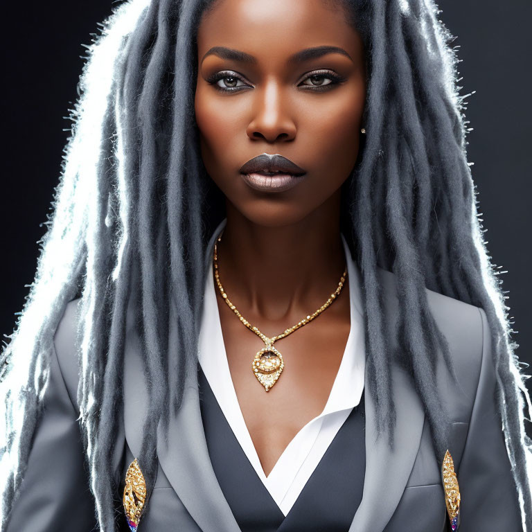 Sophisticated woman with grey dreadlocks and gold jewelry