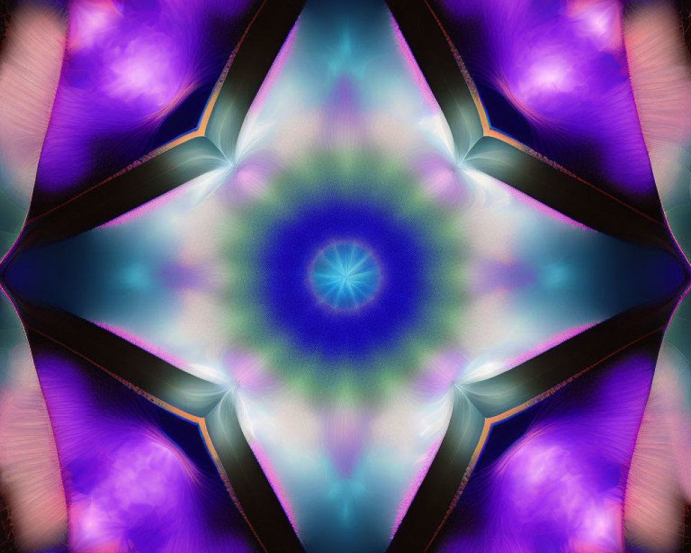 Symmetrical kaleidoscopic image with blue-green starburst and pink-purple hues