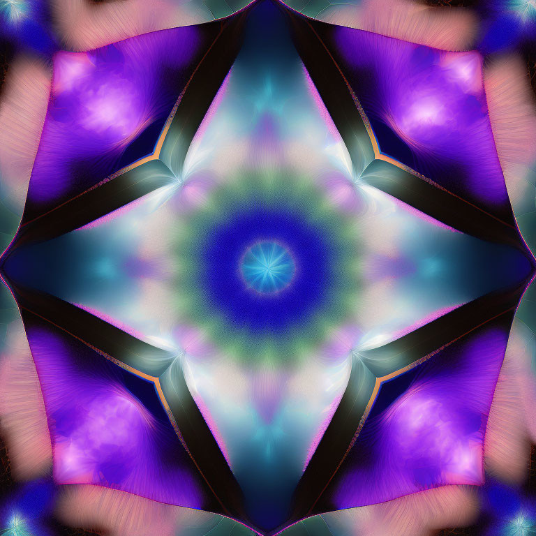 Symmetrical kaleidoscopic image with blue-green starburst and pink-purple hues