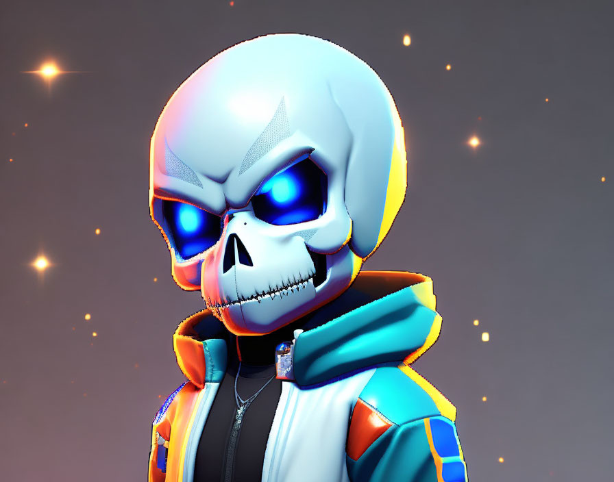 Character with glowing blue-eyed skull head in modern jacket on sparkly background