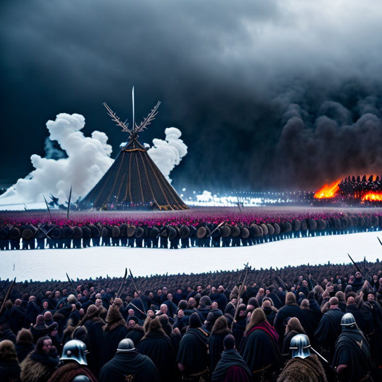 Crowd in ancient warrior costumes around large pyre in dramatic reenactment