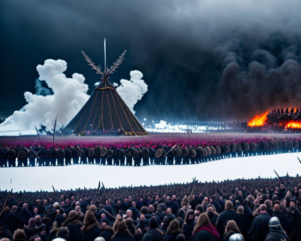 Crowd in ancient warrior costumes around large pyre in dramatic reenactment