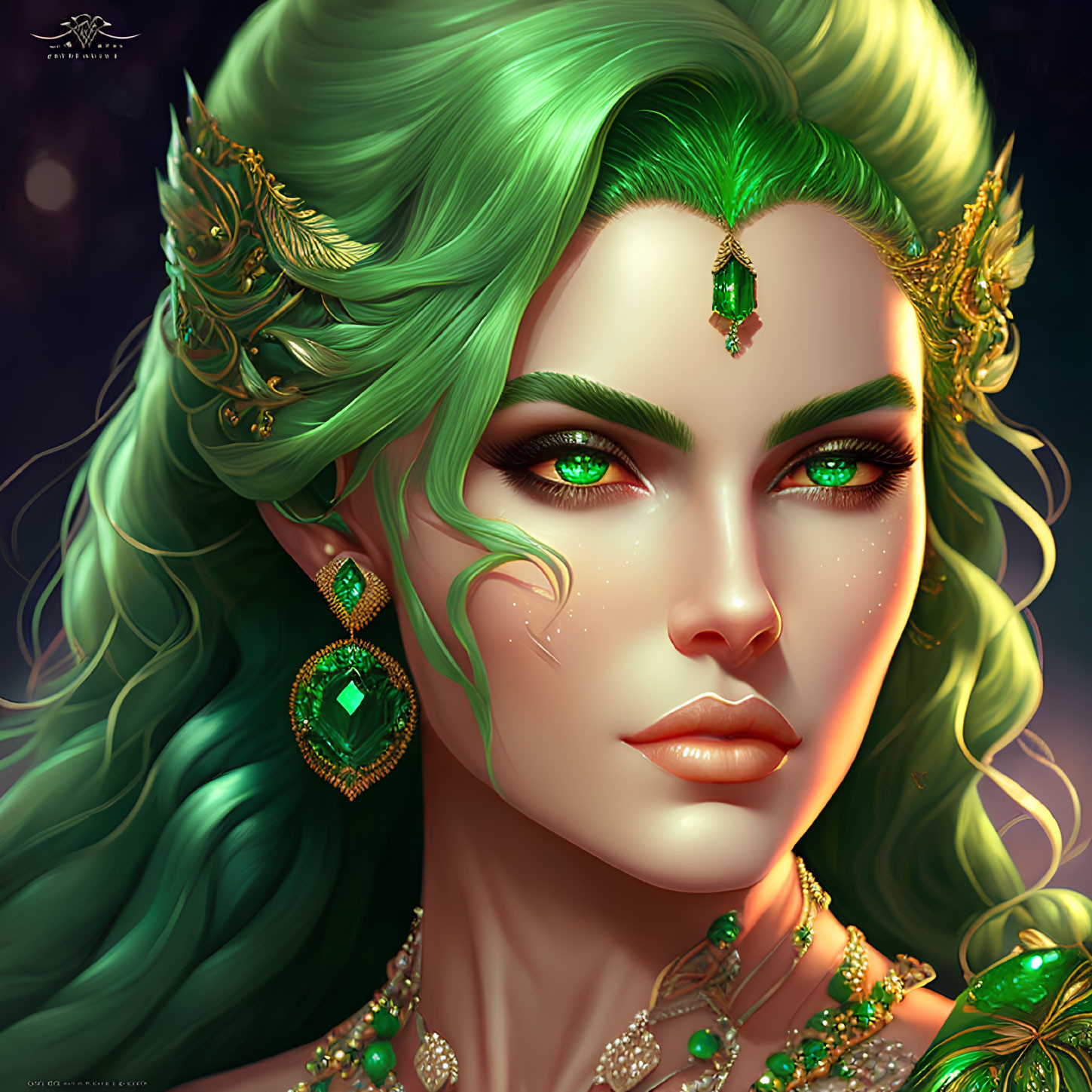 Emerald Green Hair Woman with Gold and Green Gemstone Jewelry