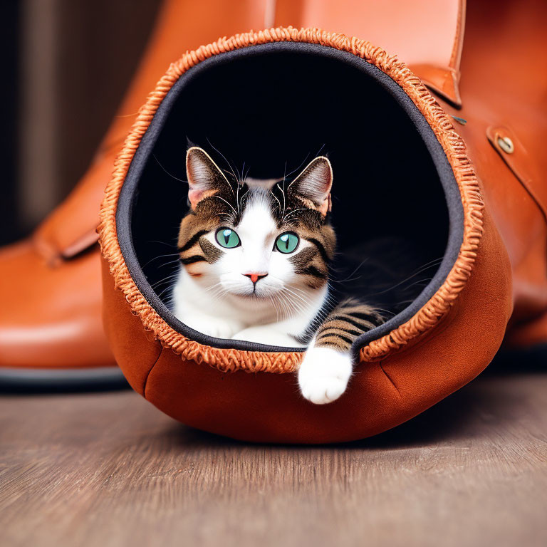 Tabby Cat with Green Eyes in Cozy Brown Shoe on Wooden Floor