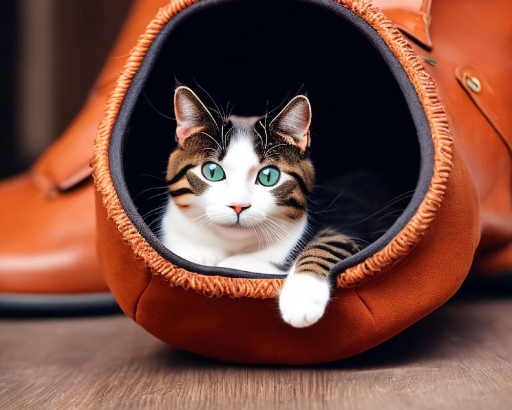 Tabby Cat with Green Eyes in Cozy Brown Shoe on Wooden Floor