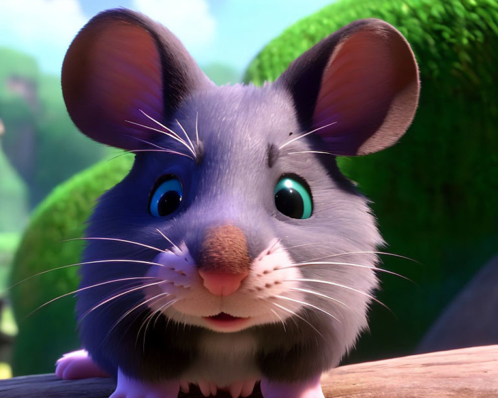 Detailed Close-Up of Expressive Animated Mouse with Gray and White Fur