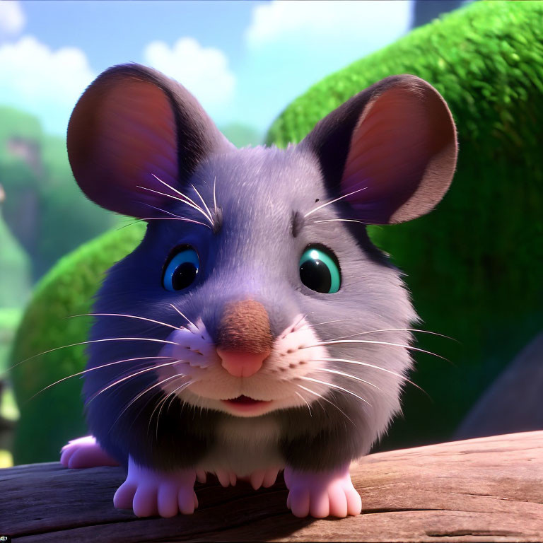 Detailed Close-Up of Expressive Animated Mouse with Gray and White Fur