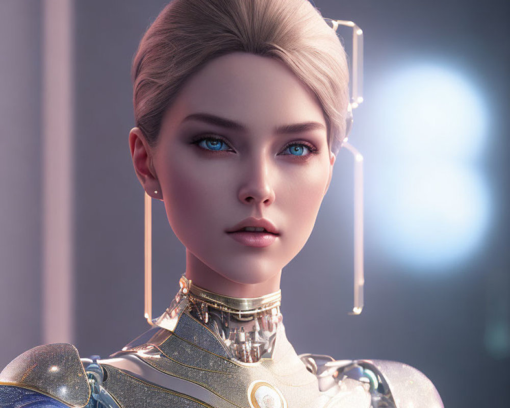 Futuristic female android with blue eyes and platinum blonde hair