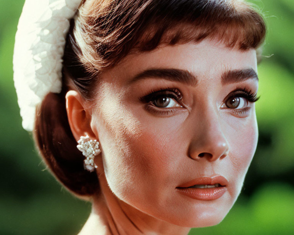 Portrait of woman with elegant earrings and white hat against green backdrop