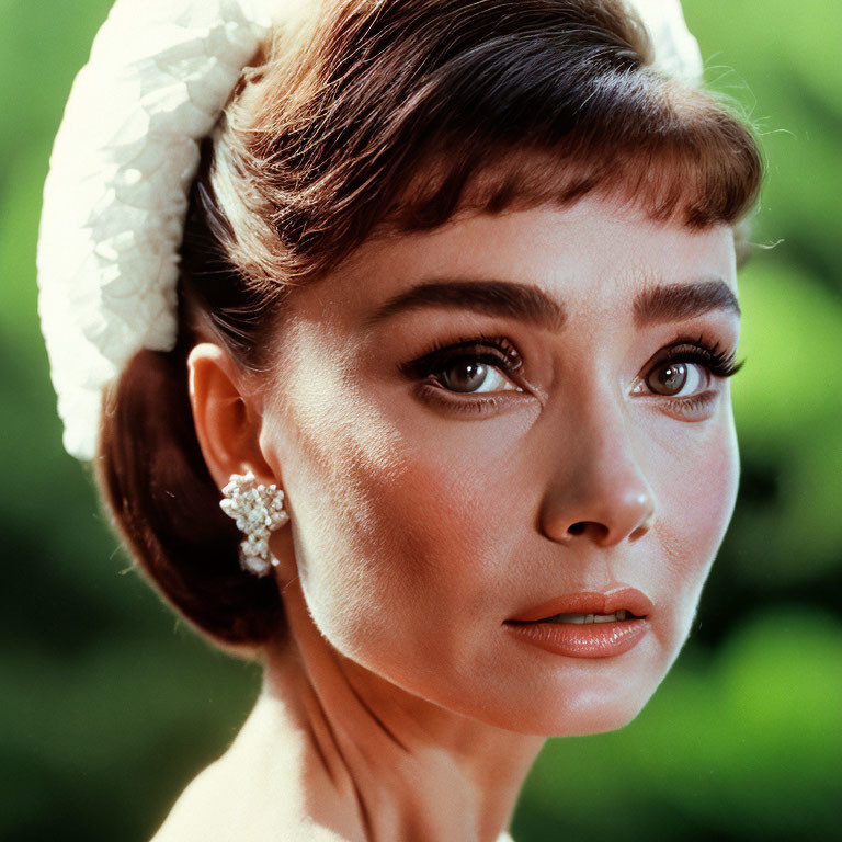 Portrait of woman with elegant earrings and white hat against green backdrop