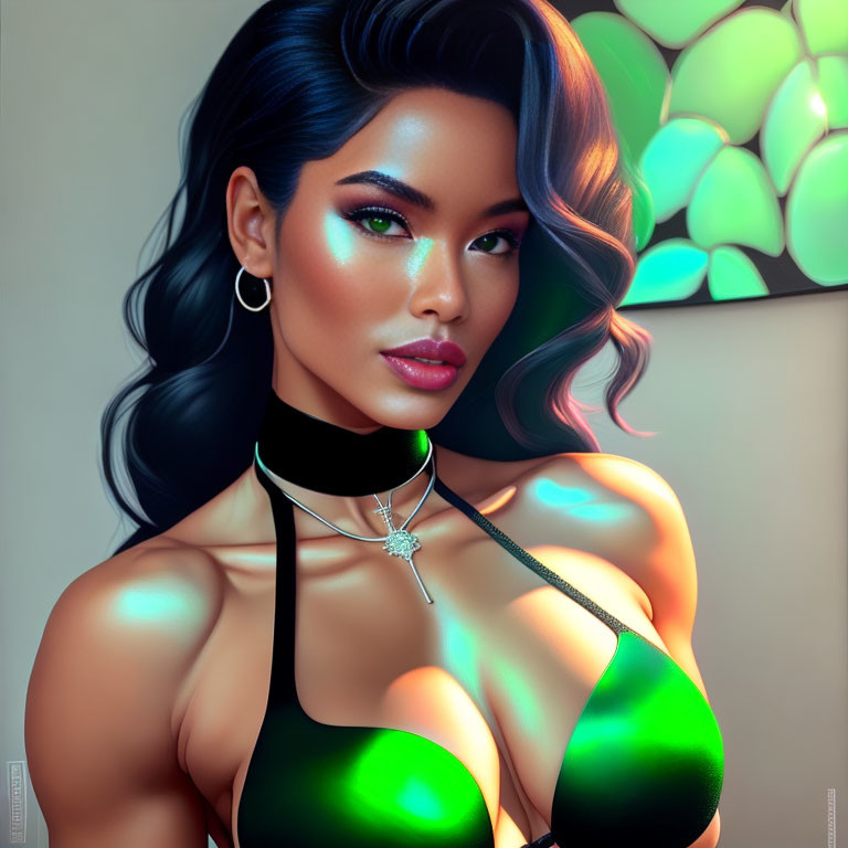 Digital artwork featuring woman in shiny green outfit with choker and star pendant