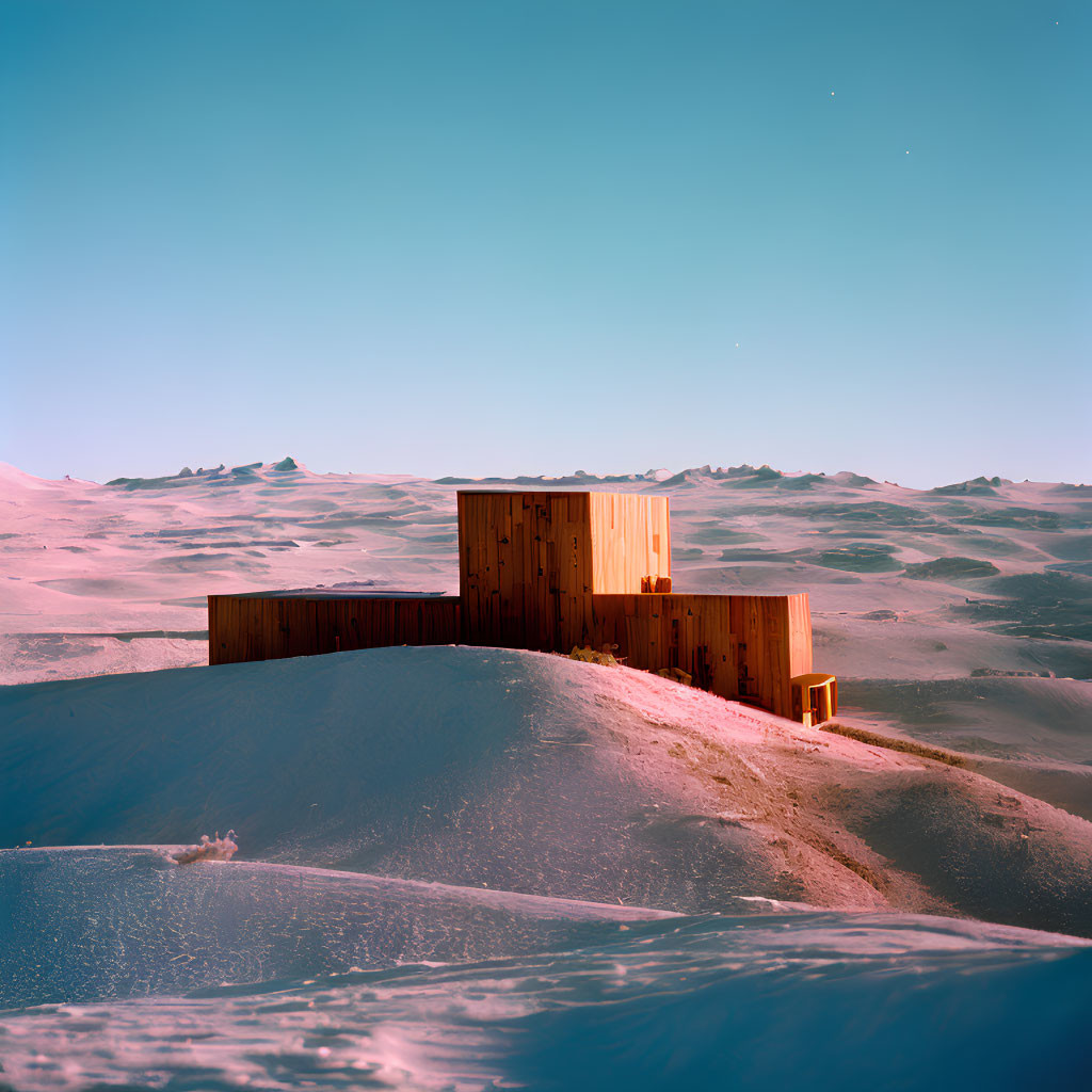 Snowy Landscape with Wooden Structure under Clear Blue Sky at Twilight