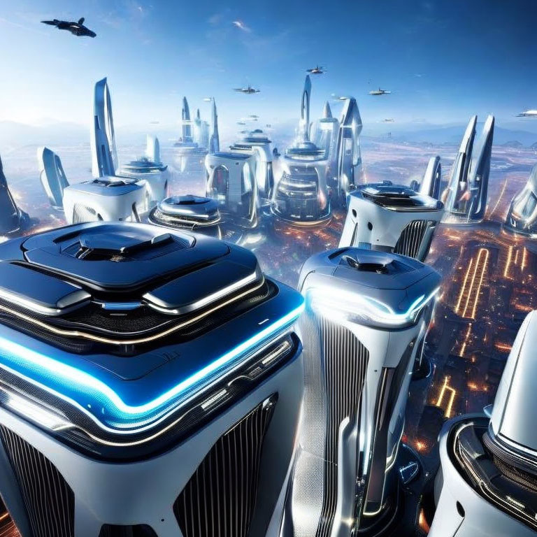 Futuristic cityscape with skyscrapers, flying vehicles, and glowing lights