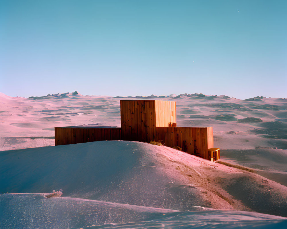 Snowy Landscape with Wooden Structure under Clear Blue Sky at Twilight