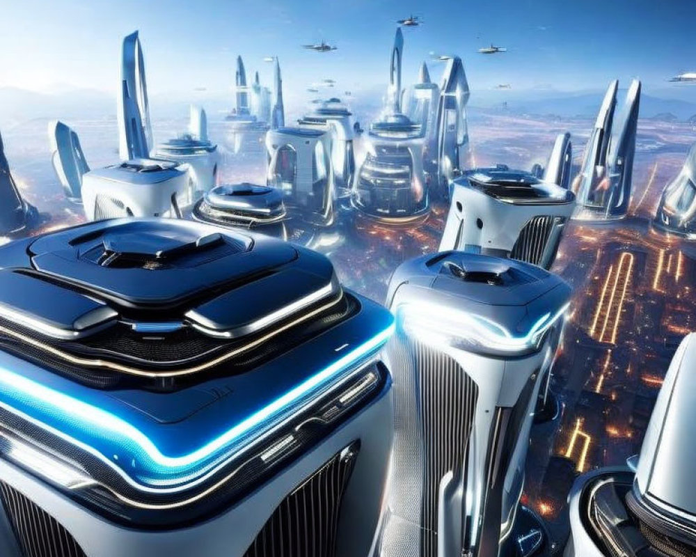 Futuristic cityscape with skyscrapers, flying vehicles, and glowing lights