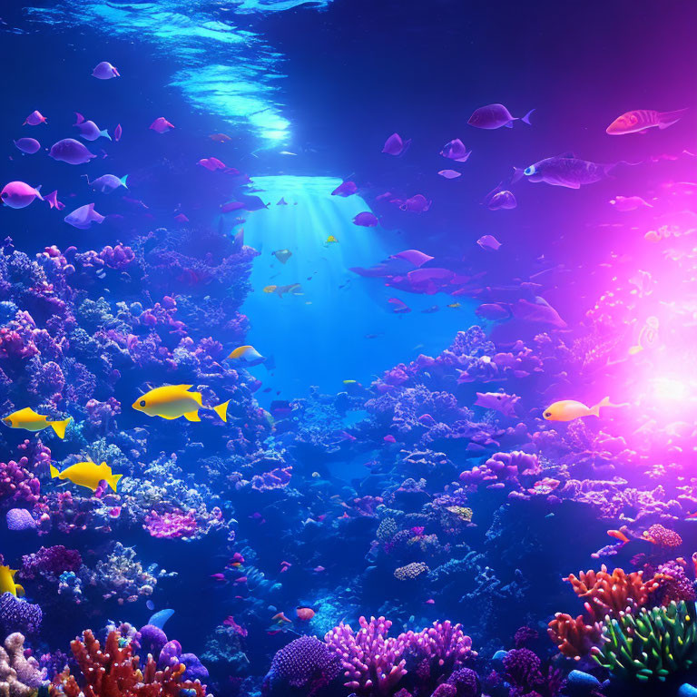 Vibrant Coral Reefs Teeming with Diverse Fish in Sunlit Ocean Scene