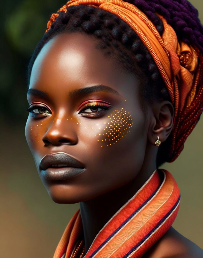 Portrait of Woman with Orange and Purple Makeup, Gold Highlighter, and Orange Headwrap