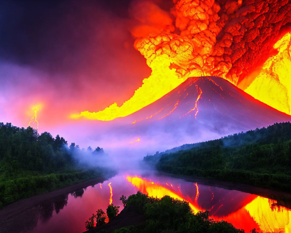 Nighttime volcanic eruption with fiery lava, lightning, and reflective river under purple sky