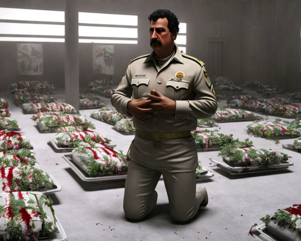 Uniformed man in dimly lit room with flower-covered beds and solemn expression.