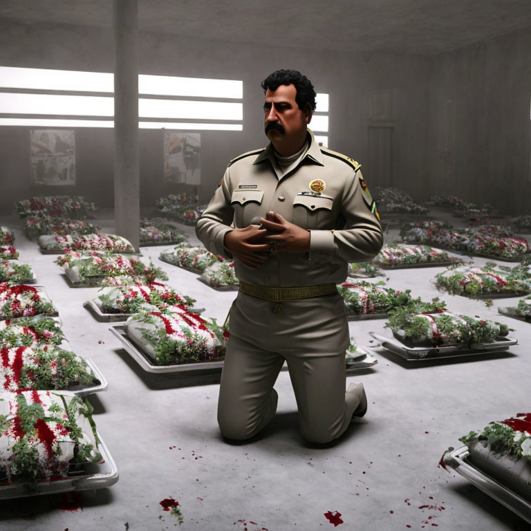 Uniformed man in dimly lit room with flower-covered beds and solemn expression.