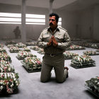 Uniformed man in dimly lit room with flower-covered beds and solemn expression.