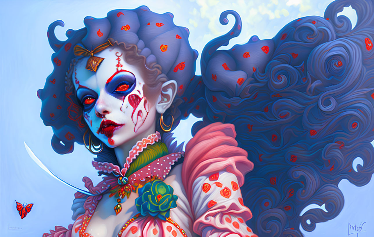 Vibrant female clown illustration with whimsical makeup and knife