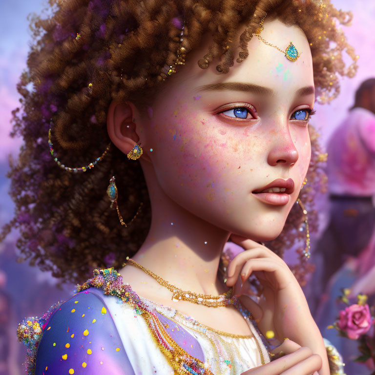 Young girl with curly hair and gold jewelry in digital portrait against floral backdrop.