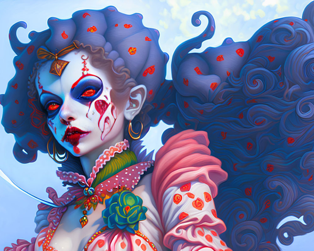 Vibrant female clown illustration with whimsical makeup and knife