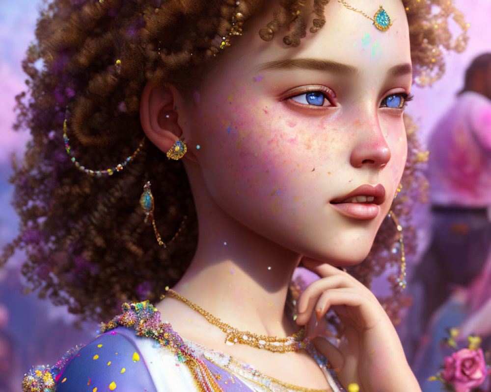 Young girl with curly hair and gold jewelry in digital portrait against floral backdrop.