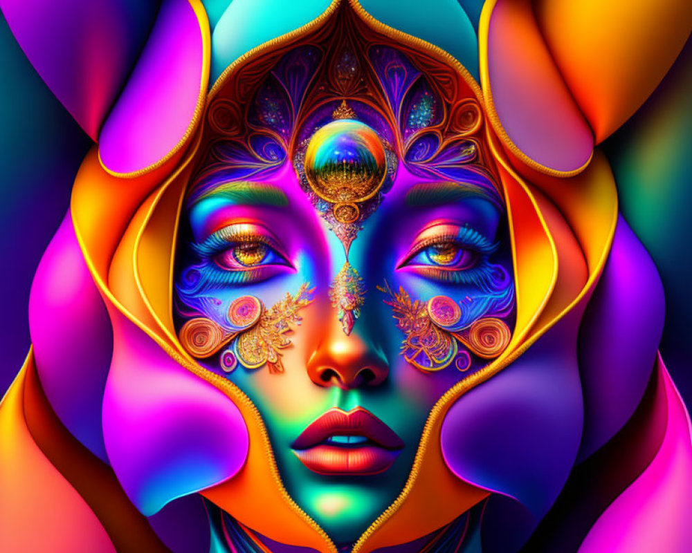 Colorful digital portrait of stylized woman with intricate patterns and ornate decorations.