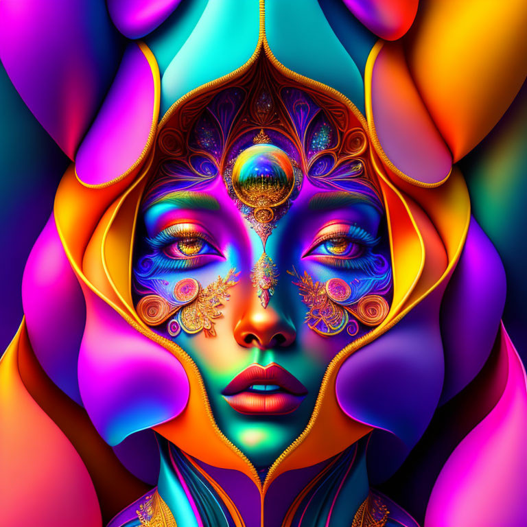 Colorful digital portrait of stylized woman with intricate patterns and ornate decorations.