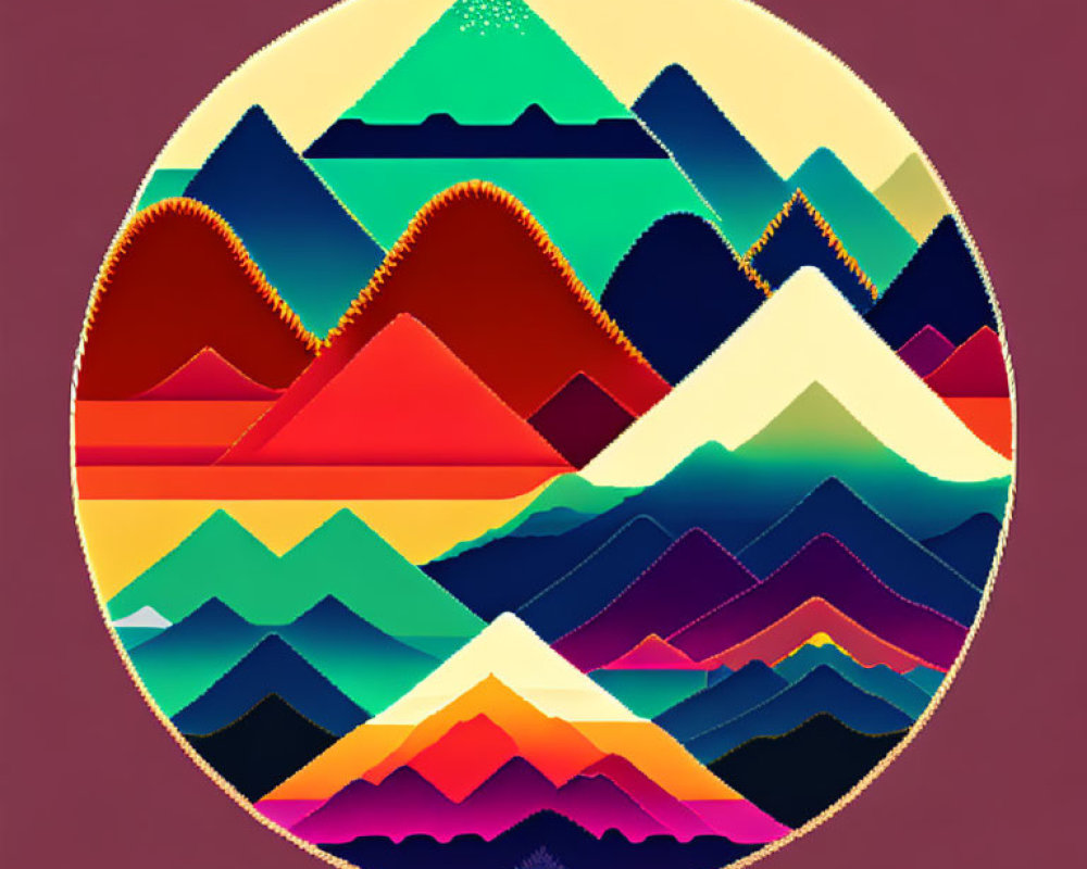 Circular Retro Style Graphic: Multicolored Layered Mountain Ranges