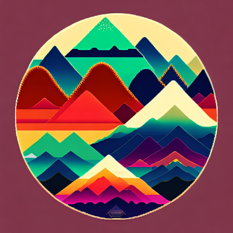 Circular Retro Style Graphic: Multicolored Layered Mountain Ranges