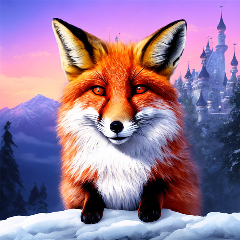 Red Fox in Fantasy Castle Landscape with Snowy Mountains