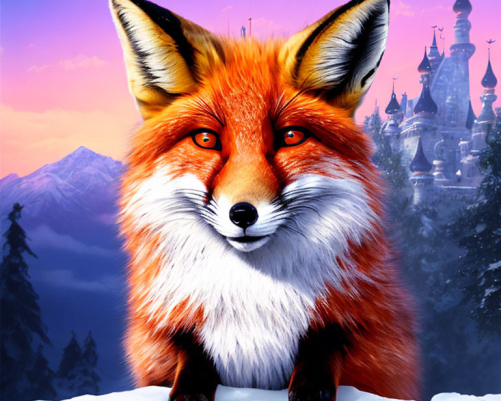 Red Fox in Fantasy Castle Landscape with Snowy Mountains