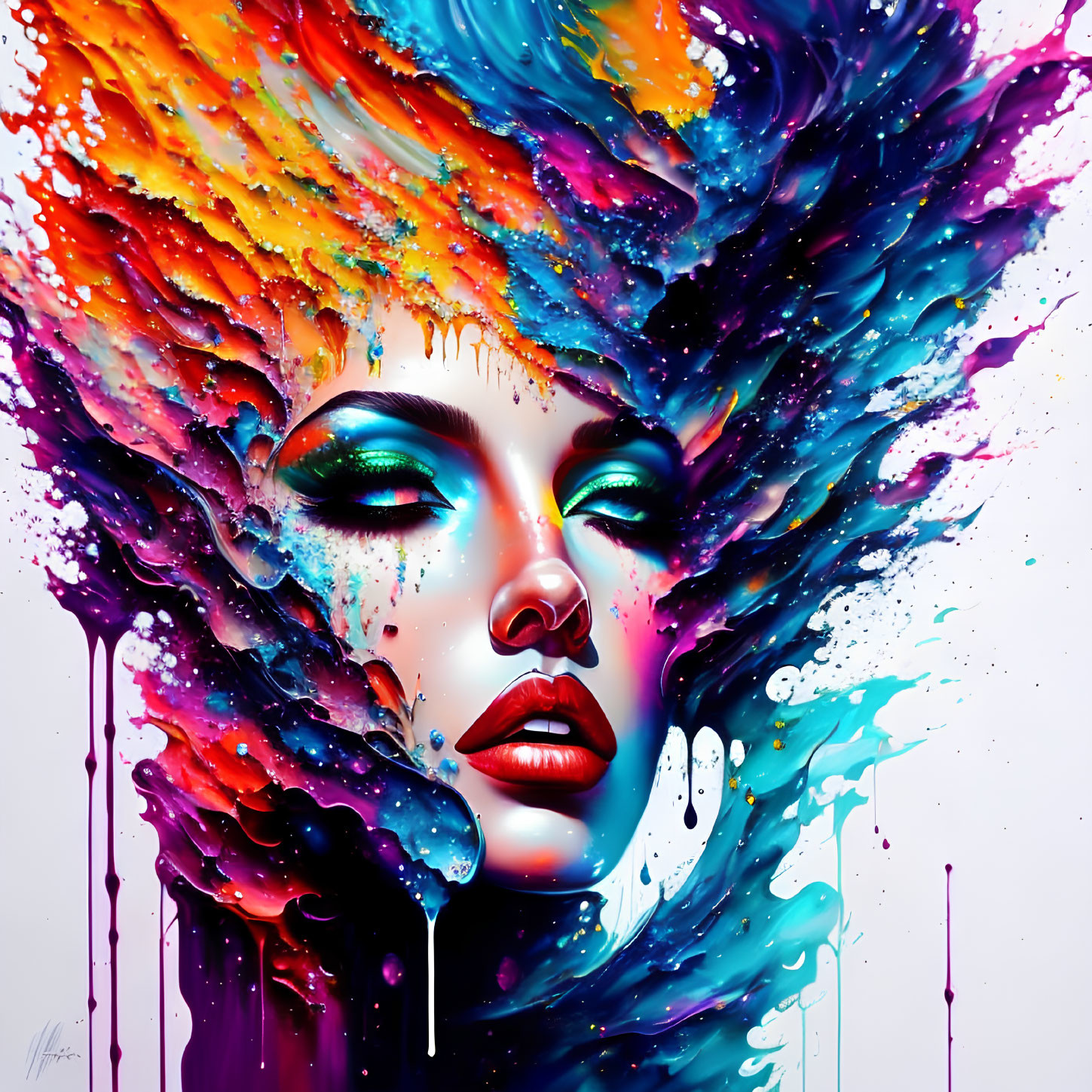 Colorful artwork of a woman with vibrant, splashed paint mane