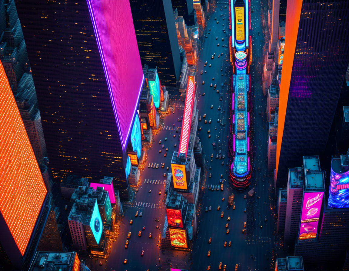 Vibrant Times Square at Night with Neon Billboards