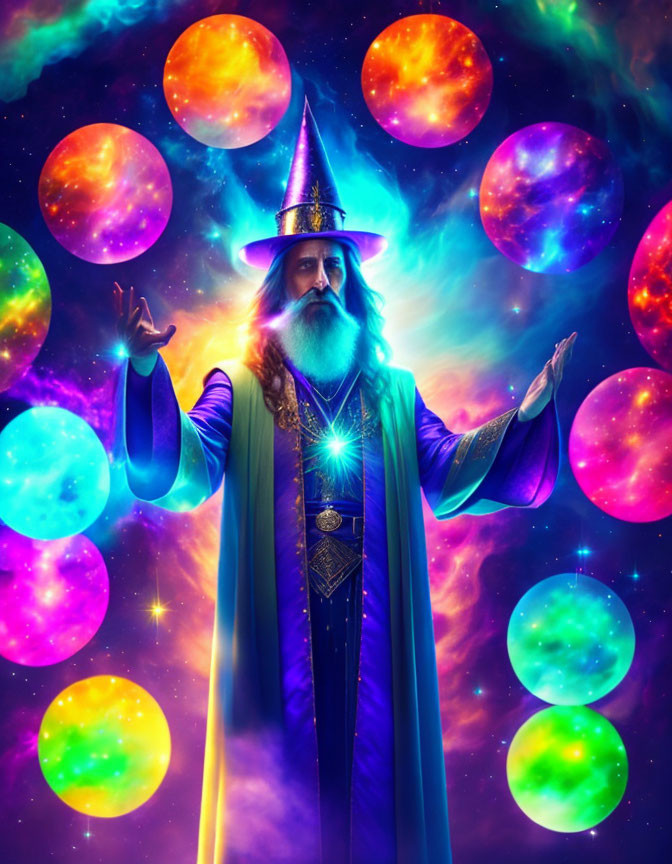 Majestic wizard in starry cosmos with floating orbs and spell conjuring