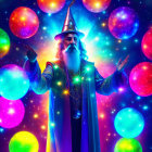 Majestic wizard in starry cosmos with floating orbs and spell conjuring