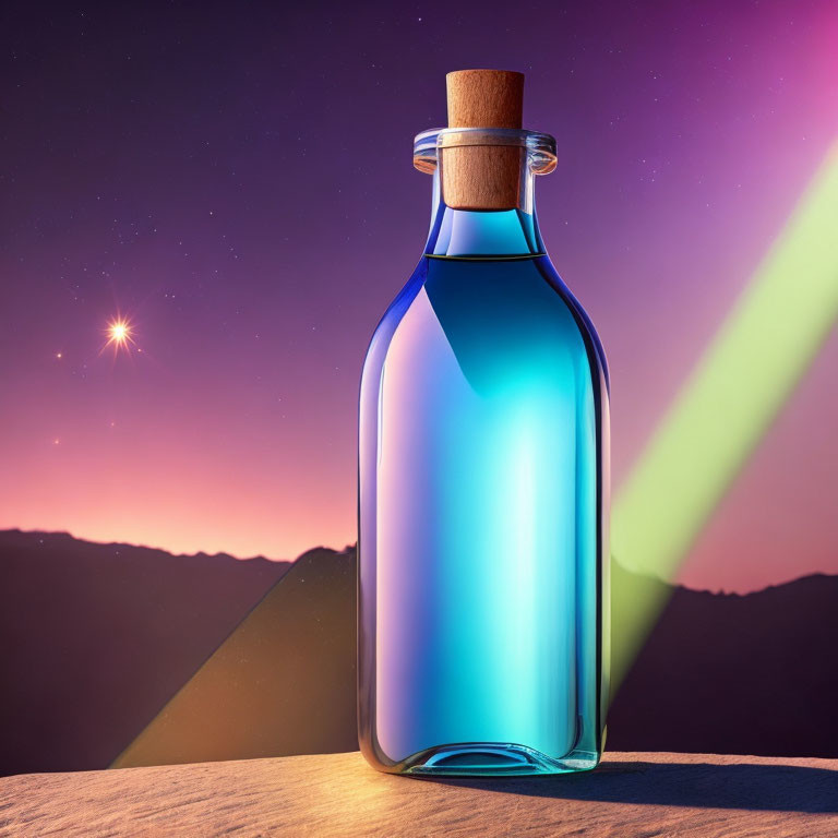 Glass bottle with cork, glowing blue liquid, twilight sky, stars, aurora beams