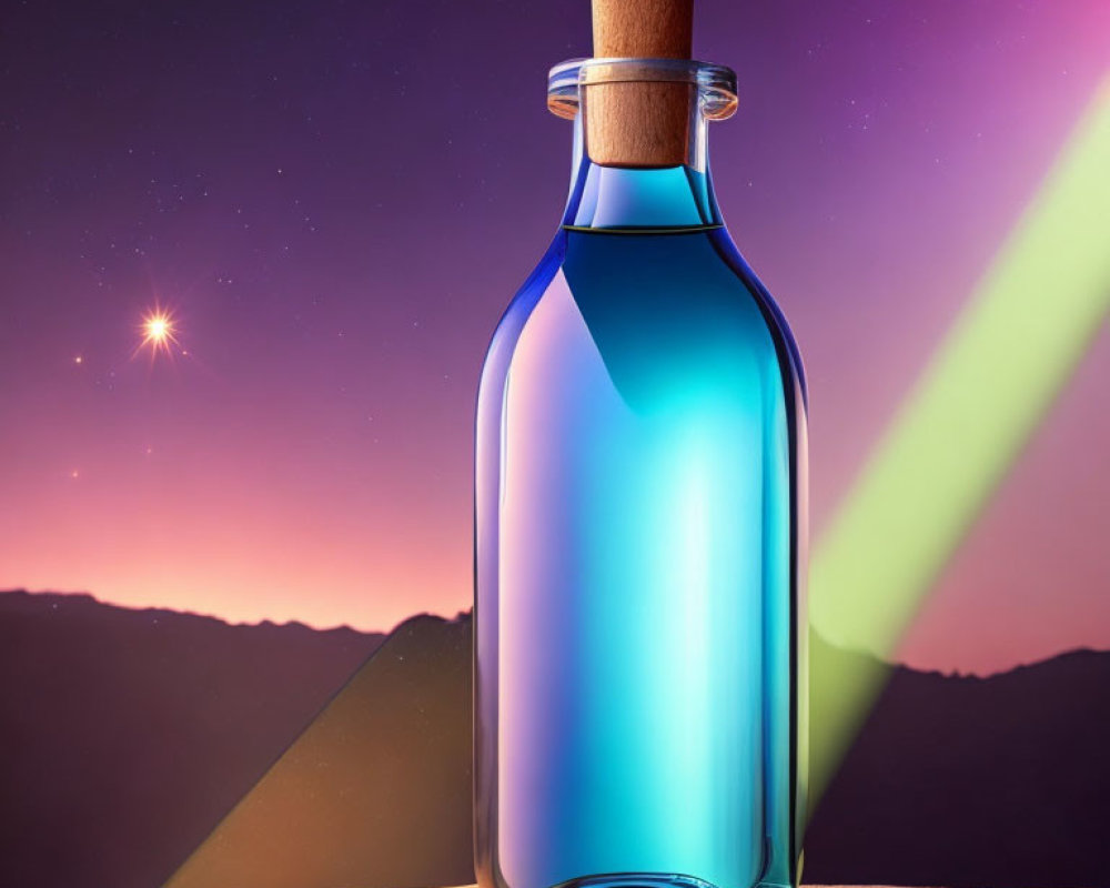 Glass bottle with cork, glowing blue liquid, twilight sky, stars, aurora beams