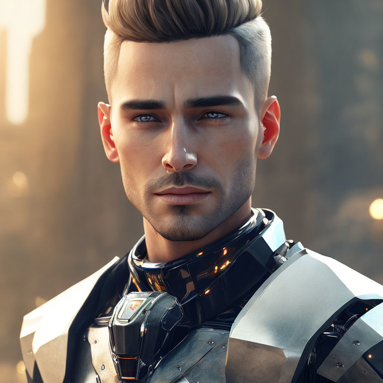 Stylish man in futuristic armor with metallic accents