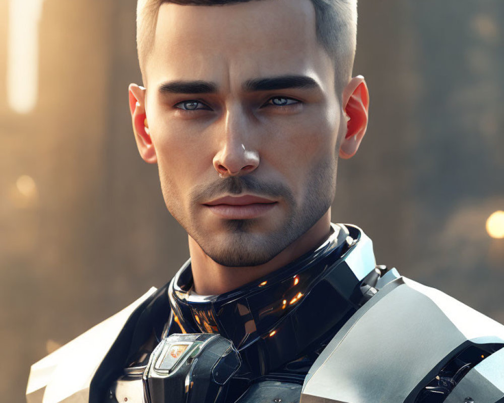 Stylish man in futuristic armor with metallic accents