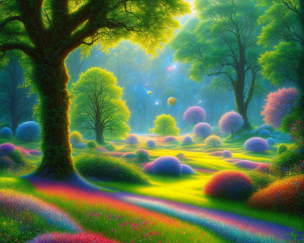 Colorful Fantasy Forest with Rolling Hills and Ethereal Light