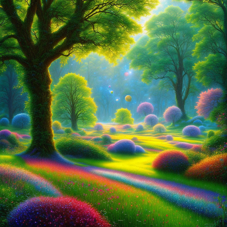 Colorful Fantasy Forest with Rolling Hills and Ethereal Light