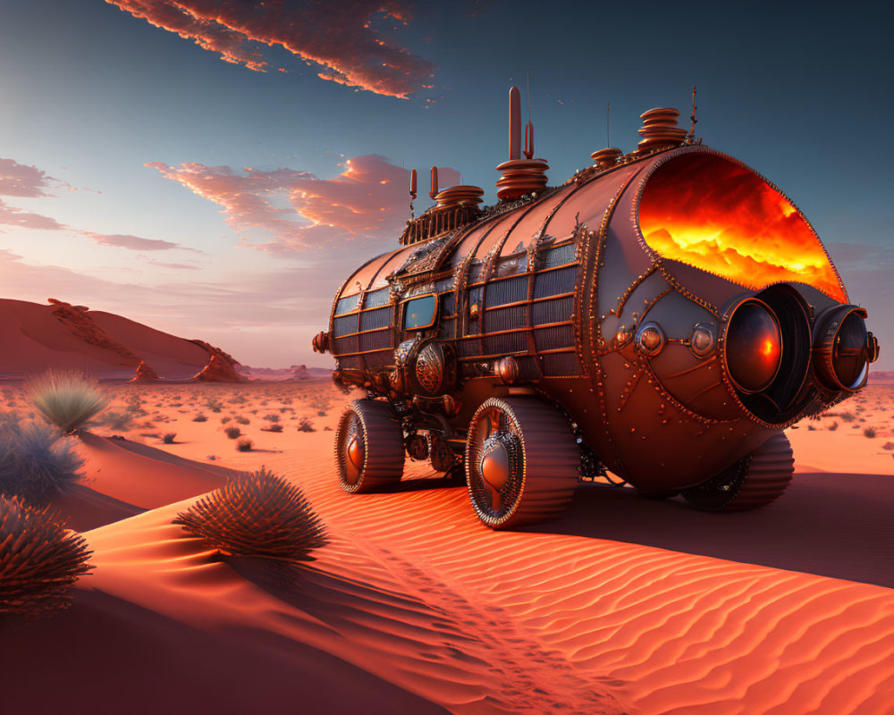 Steampunk-style vehicle with large wheels in desert sunset scenery