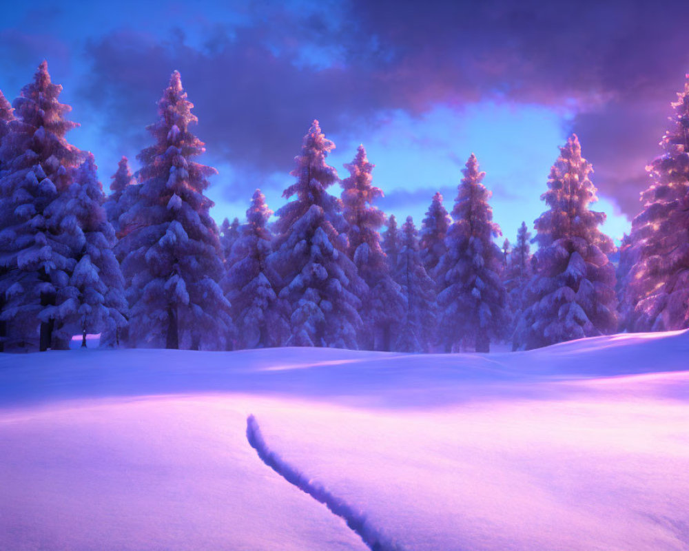 Snow-covered pine trees in serene winter dusk with footprints under purple and orange sky