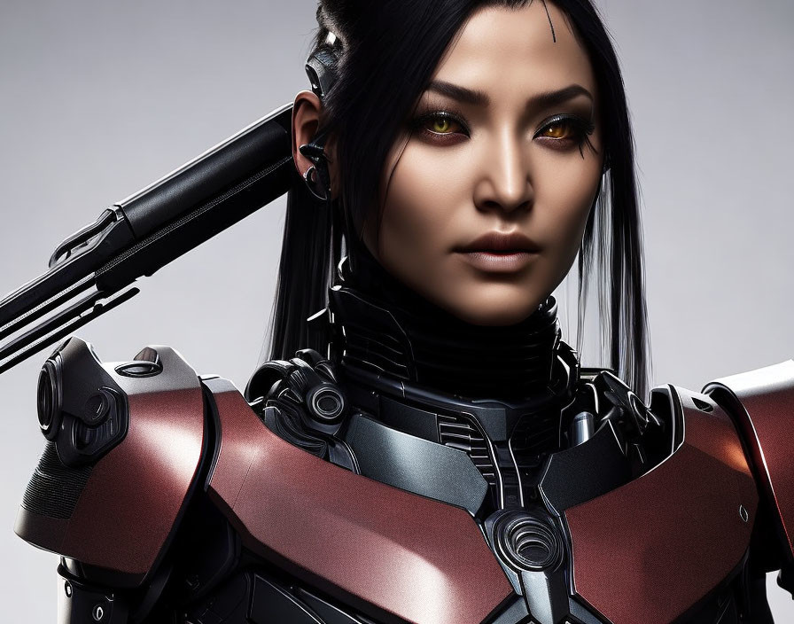 Female Cyborg Portrait with Black Hair, Yellow Eyes, and Red Armor