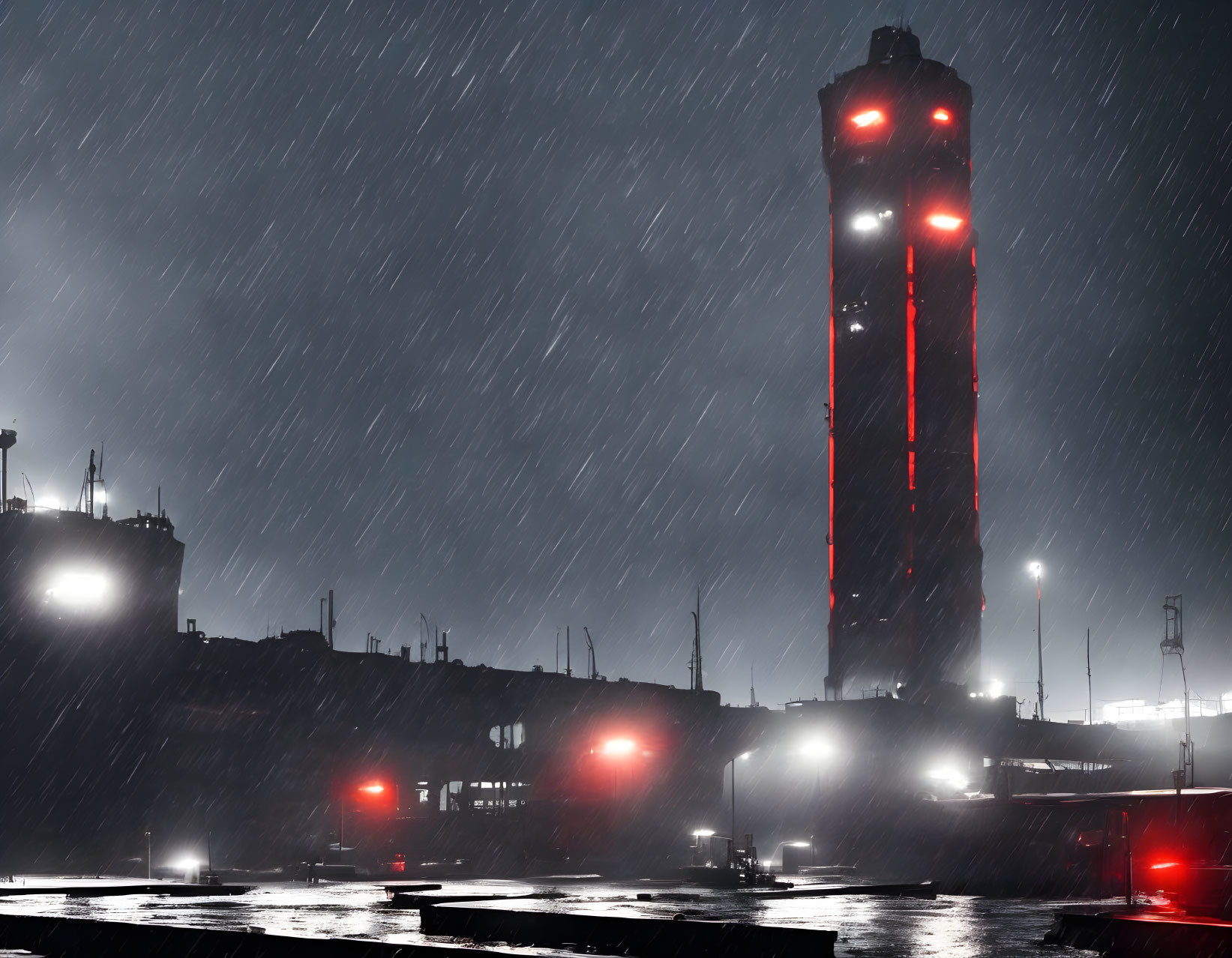 Tall industrial structure with red lights in rainy night